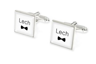 Spinki do mankietów męskiej koszuli z imieniem "Lech", wykonane z wytrzymałego stopu metali nieszlachetnych o eleganckim srebrnym wykończeniu