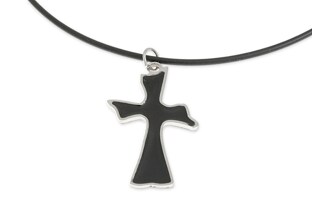 Wisiorek z krzyżem w kolorze czarnym, wykonany z metalu nieszlachetnego w kolorze ciemnego srebra, z wypełnieniem z czarnej masy jubilerskiej