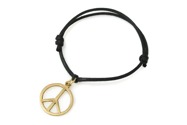Bransoletka sznurkowa w kolorze czarnym, z przywieszką wykonaną z metalu nieszlachetnego w kolorze złotym, w kształcie uniwersalnego symbolu pokoju, pacyfki