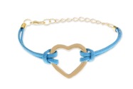 Niebieska bransoletka wykonana ze sznurka jubilerskiego oraz łańcuszka koloru złotego zakończonego karabińczykiem z zawieszką  w postaci serduszka koloru złotego wykonanego z metalu nieszlachetnego