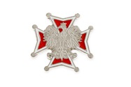 Metalowy znaczek Krzyż Zasługi z Orzełkiem wykonany z metalu nieszlachetnego w kolorze srebrnym