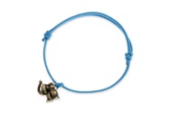 Bransoletka wykonana ze sznurka jubilerskiego w kolorze niebieskim, z przywieszką wykonaną z metalu nieszlachetnego w kolorze postarzonego złota, w kształcie słonika z podniesioną trąbą
