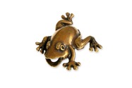 Figurka żaby wykonana z nieszlachetnego metalu, w kolorze postarzonego złota i niezwykłą dbałością o odwzorowanie detali