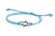 Prosta bransoletka zawiązana ze sznurka jubilerskiego woskowanego w kolorze błękitnym, z metalowym węzłem nieskończoności