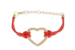 Romantyczna bransoletka z metalowym serduszkiem wykonana ze sznurka jubilerskiego w kolorze czerwonym, Posiada regulowany obwód dzięki ruchomym węzłom
