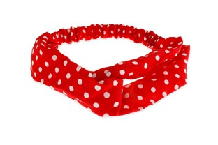 Opaska typu turban wykonana z satynowej tkaniny koloru czerwonego w małe kropki koloru białego