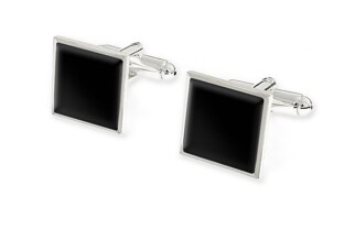 Klasyczne i eleganckie spinki do mankietów z czarnym wypełnieniem, wykonane ze stopu metali nieszlachetnych w kolorze srebrnym