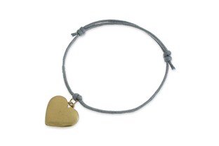 Szara, sznurkowa bransoletka z zawieszką w kształcie złotego serca wykonanego z metalu nieszlachetnego, o 
regulowanym obwodzie poprze węzłowate zapięcia