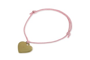 Damska, delikatna bransoletka wykonana ze sznurka jubilerskiego w kolorze różowym o regulowanym obwodzie, z metalową, złotą zawieszką w kształcie serca