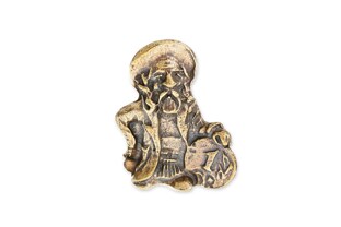 Stojąca figurka Żyda z monetą w kolorze starego złota, wykonana z metalu nieszlachetnego