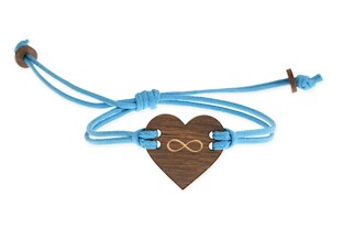 Nietuzinkowa bransoletka wykonana z elementów drewnianych i jubilerskiego sznurka woskowanego w kolorze niebieskim