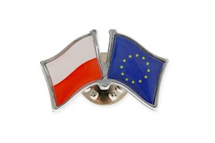 Przypinka Pins z flagami Polski i Unii Europejskiej wykonana z metalu nieszlachetnego w kolorze srebrnym