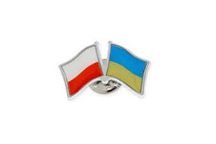 Przypinka Pins z flagami Polski i Ukrainy wykonana z metalu nieszlachetnego w kolorze srebrnym