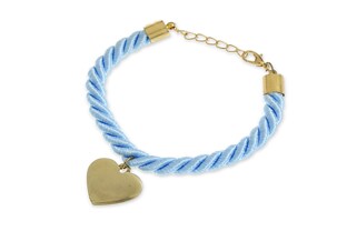 Bransoletka w kolorze błękitu, wykonana z grubego sznura bawełnianego, ozdobiona złotym sercem, łańcuszkiem z regulacją