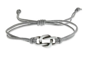 Prosta i gustowna bransoletka wykonana ze sznurka jubilerskiego w kolorze szarym, z metalowym węzłem nieskończoności