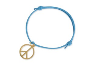 Sznurkowa niebieska bransoletka , z przywieszką wykonaną z metalu nieszlachetnego w kolorze złotym, w kształcie uniwersalnego symbolu pokoju, pacyfki
