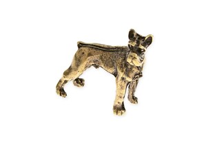 Figurka z podobizną psa- boksera, wykonana z metalu nieszlachetnego w kolorze starego złota, z wyraźnie podkreślonymi detalami