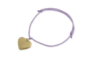 Fioletowa, sznurkowa bransoletka z zawieszką w kształcie złotego serca wykonanego z metalu nieszlachetnego o regulowanym obwodzie
