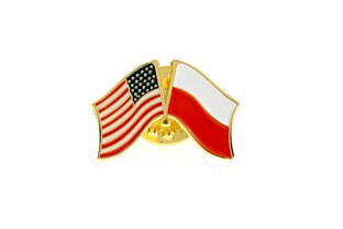 Przypinka z flagami Polski i USA wykonana z metalu nieszlachetnego w kolorze złotym