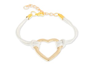 Romantyczna bransoletka wykonana ze sznurka jubilerskiego w kolorze białym, z serduszkiem wykonanym z metalu nieszlachetnego w złotym kolorze