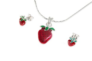 Piękny i modny komplet biżuterii w postaci kolczyków i wisiorka z owocowym motywem soczystej, czerwonej truskawki