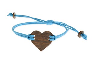 Bransoletka wykonana z elementów drewnianych i jubilerskiego sznurka woskowanego w kolorze niebieskim