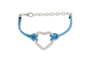Oryginalna bransoletka wykonana z jubilerskiego sznurka woskowanego koloru niebieskiego, z zamontowanym elementem w kształcie obrysu serduszka, wykonanego z metalu nieszlachetnego w kolorze srebra