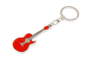 Brelok - miniatura gitary w kolorze srebra z czerwonym laminatem Oryginalny wzór, wysoka jakość wykonania