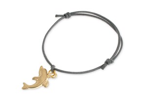 Bransoletka wykonana z szarego sznurka jubilerskiego z zawieszka w postaci złotego delfina