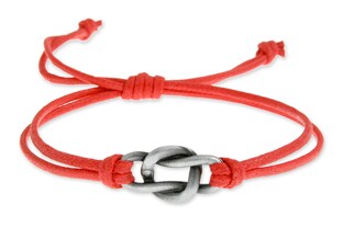 Oryginalna bransoletka z metalowym węzłem nieskończoności wykonana ze sznurka jubilerskiego w ognistym czerwonym kolorze