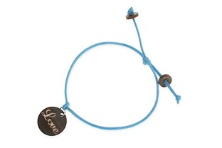 Delikatna bransoletka w kolorze niebieskim, wykonana ze sznurka jubilerskiego i elementów drewnianych