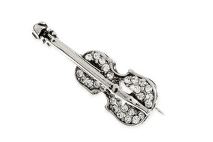 Piękna, zmysłowa broszka w kształcie skrzypiec wypełnionych cyrkoniami, w kolorze postarzonego srebra, wykonana z nieszlachetnego metalu, z trwałym zapięciem